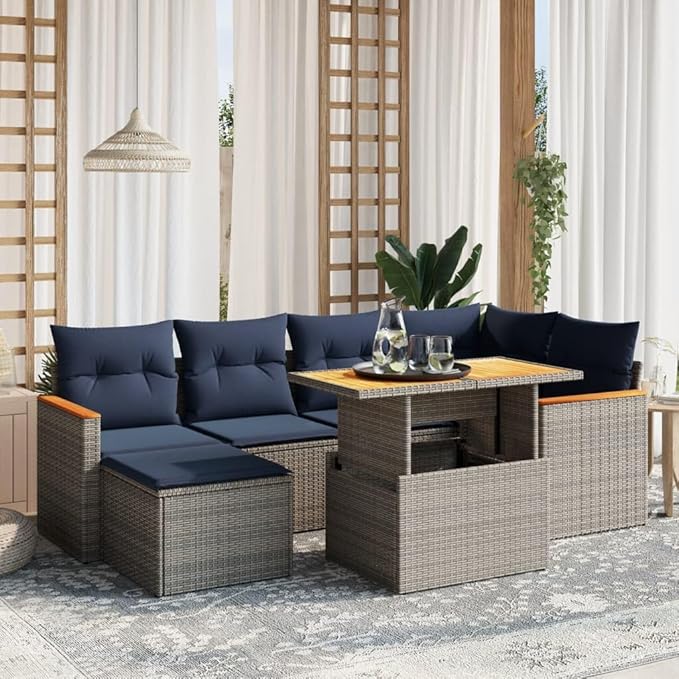 vidaXL Patio Sofa Set with Cushions 7 Piece, Outdoor Sectional Sofa Couch, Patio Conversation Set for Garden Backyard, Gray Poly Rattan