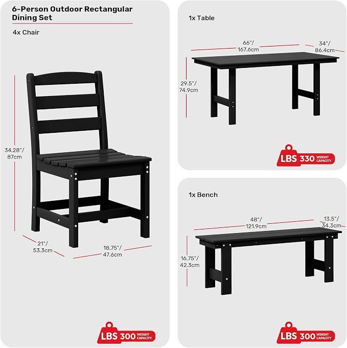 Costaelm Palms 6-Piece Outdoor HDPE Patio Dining Table Set with Bench, Black