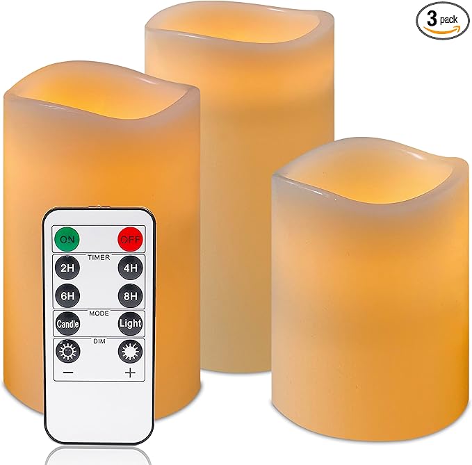 VIEWELLD Flameless Candles, LED Candles, Battery Operated Candles with Remote and Timers, Electric Pillar Candles Real Wax, D3 x H 4" 5" 6"（Ivory） ﻿ ﻿