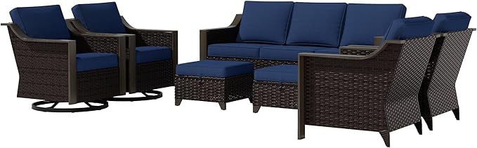 7 PCS Wicker Patio Conversation Set, All-Weather Use Outdoor 2 PE Rattan Swivel Chair, 2 PE Rattan Chair, 2 Ottoman, 1 Patio Sofa, Removable Water-Resistant Cushion, Blue