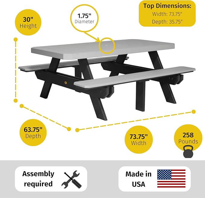 LuxCraft 6 Foot Poly Rectangular Picnic Table - Outdoor Furniture, Dining Height Table with Umbrella Hole, Seats 6 Adults, All Weather - Amish Made in USA (Birch & White)