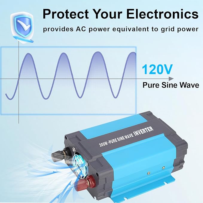 24V Pure Sine Wave Power Inverter 300W DC 24V to AC 120V with AC Outlets, 5V/1A USB Port for RV Car Emergency etc.