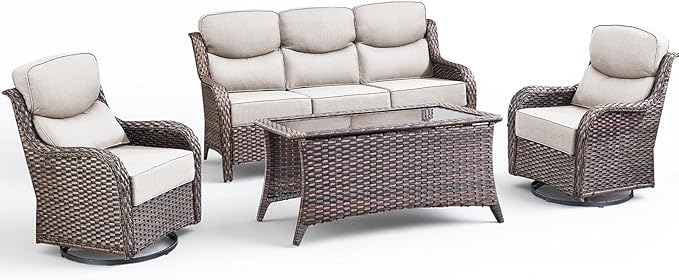 Luxury 4 Pieces Patio Furniture Set-Outdoor Swivel Rocker Patio Chairs with 6" Extra Thick Cushions, High Back Outdoor Couch and Coffee Table, Wicker Conversation Sets for Porch Deck(Brown/Beige)