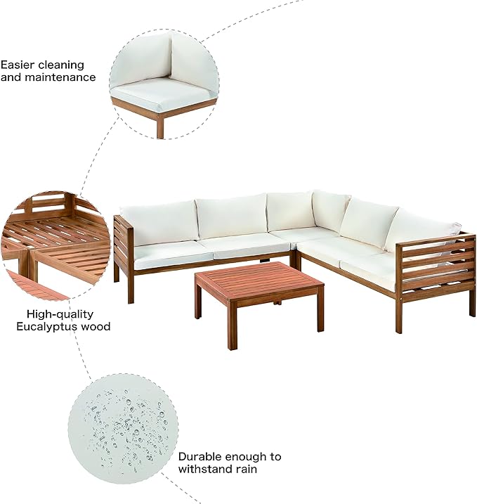 Patio Furniture 4 Pieces Conversation Sets, Acacia Wood Outdoor Sectional Furniture Conversation Sets with Cushions and Coffee Table for Garden Backyard Balcony and Porch (Beige)