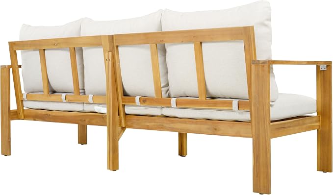 Virubi 5pcs Acacia Patio Sectional Sofa Set, Transitional Style Patio Conversation Set with 3-Seater, 2 Chairs, Coffee Table & Ottoman, Water-Repellent Cushions