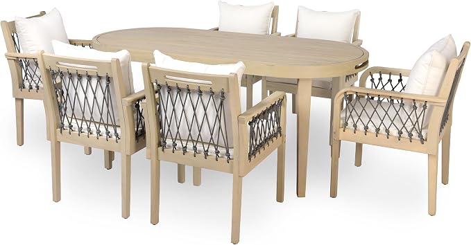 Christopher Knight Home Domac Acacia Wood Dining Table Set for 6, Solid Wood Outdoor Dining Set for 6, Oval Patio Dining Table and Chair Set with Cushion & Rope Accent, Cream Beige+Grey+Light Teak