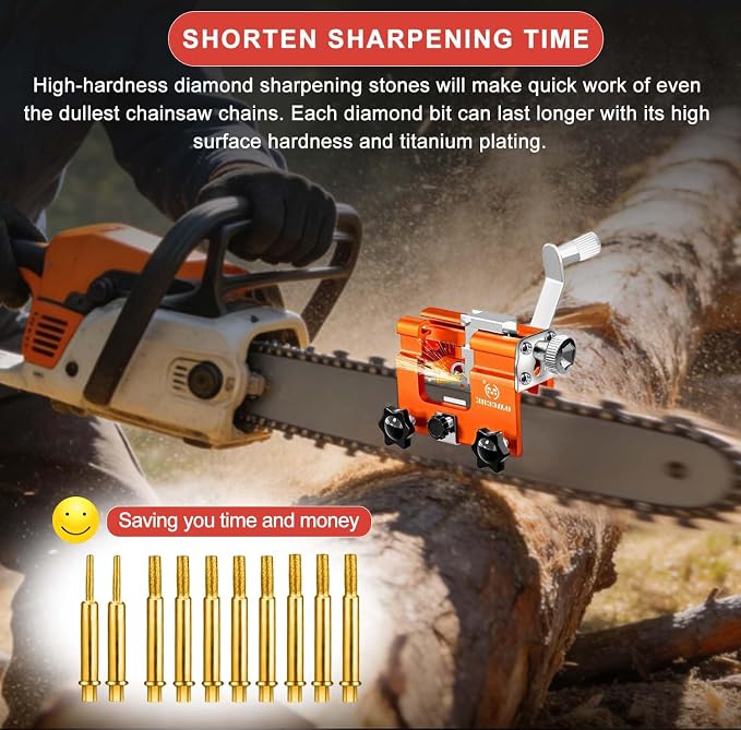 Chainsaw Sharpener with 10 High Hardness Titanium Plated Diamond Bits, Portable Manual Chainsaw Sharpening Jig Kit Tool, Chain Saw Blade Sharpener Accessories Fit for 4"-22" Chain Saws