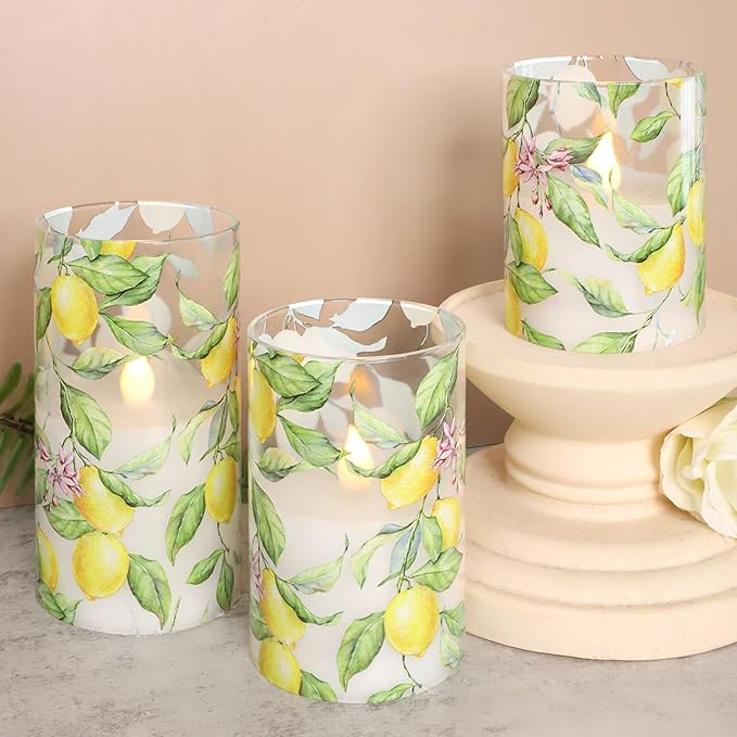 Lemon Glass Flameless Candles with Remote Timer Battery Operated LED Flicker Real Wax Pillar Candles Spring Summer Lemonade Party Kitchen Table Dinner Christmas Holiday Decor D3 x H4, 5", 6"