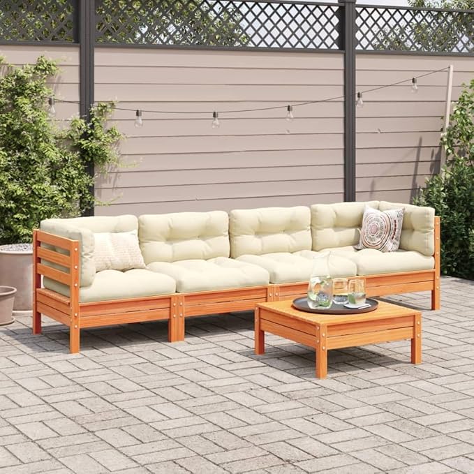 5 Piece Patio Sofa Set with Cushions, Patio Conversation Set Outdoor Sofa Sets Sectional Sofa Front Porch Furniture for Poolside Garden Exhibition Negotiation Area Wax Brown Solid Wood Pine