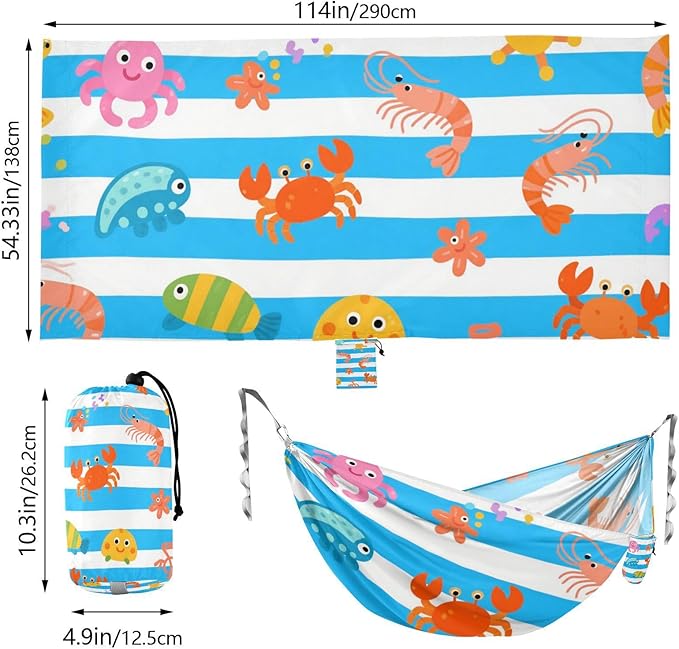 Blue White Striped Sea Animal 330lb Capacity Camping Hammock with Hanging Rope Hanging Hammock for Patio Backyard Lounge Base hamaca para acampar