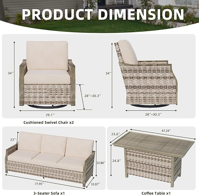 MELLCOM 4 Pieces Outdoor Patio Furniture Set with Swivel Chairs, All Weather Rattan Wicker Patio Conversation Set with 3-Seater Sofa, Coffee Table for Patio, Balcony, Porch, Deck