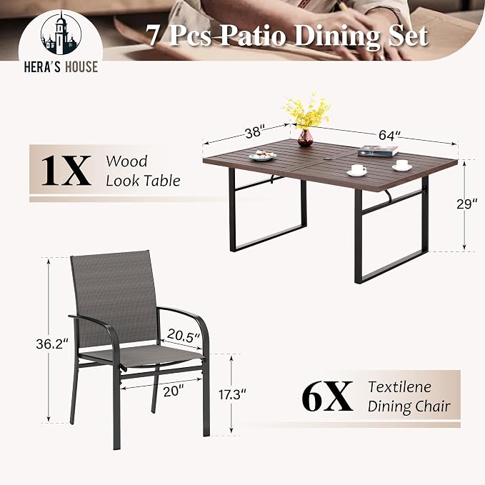 HERA'S HOUSE 7pc Outdoor Patio Dining Set, Wood-Look Metal Table, Brown | 6 textilene chairs, 64" rectangular table with umbrella hole. Waterproof, rust-resistant, all-weather for yard, porch