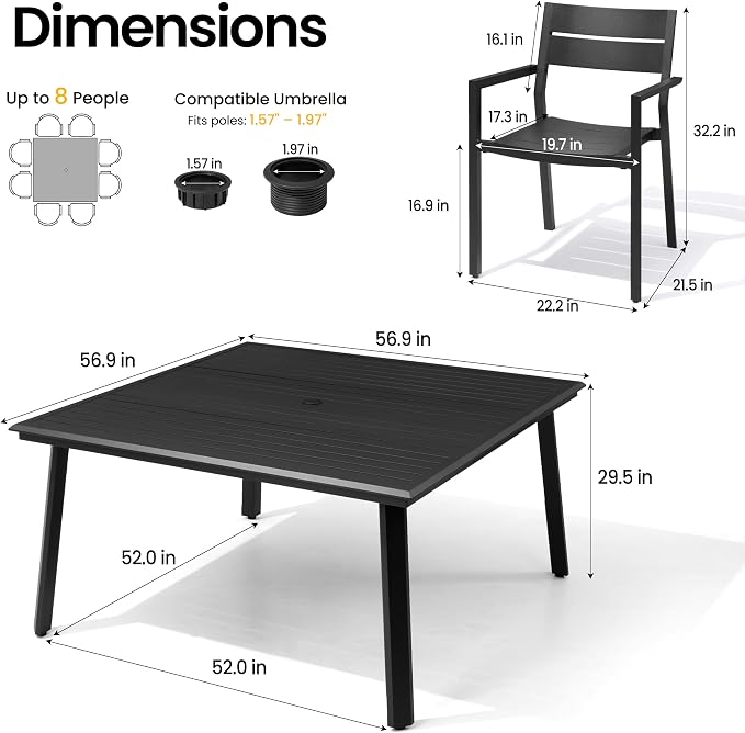 57” Square Outdoor Dining Set for 8 with Stackable Armchairs | 57” Square Aluminum Patio Table with Umbrella Hole Rust-Proof Patio Furniture for Lawn Backyard Garden, Black