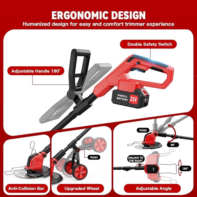 20000 RPM Electric Weed Wacker with Wheel,12″ Brushless Cordless Weed Eater Battery Powered, 4-in-1 Brush Cutter/String Trimmer/Grass Edger Tool/Lawn Mower, Stringless Weed Trimmer,5 Blade,2 Battery