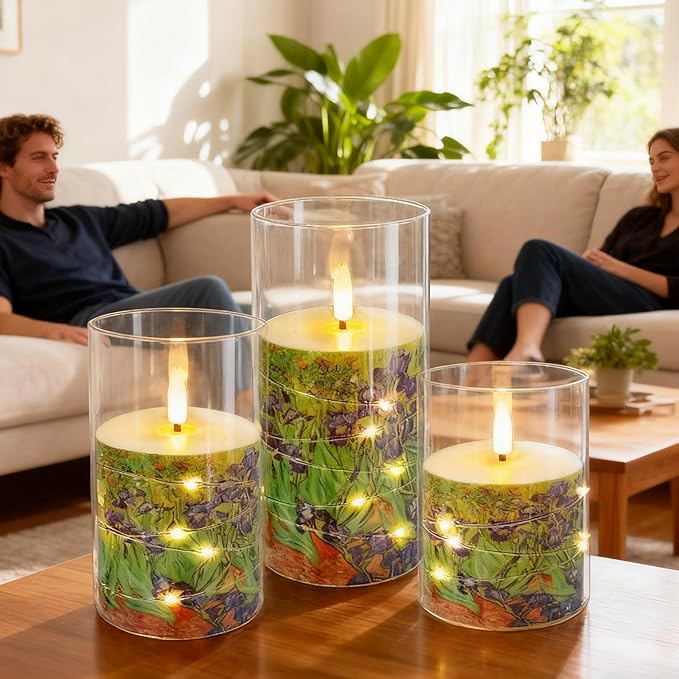Flickering Flameless Candles, Recessed String Light LED Candles Acrylic Battery Operated LED Pillar Candles with Remote Van Gogh Art Painting Style for Home Decor Set of 3((Irises Printed)
