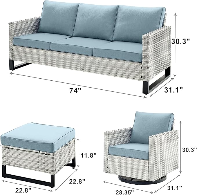 Rilyson Wicker Outdoor Patio Furniture Set - 7 Piece Patio Conversation Set with 4 Swivel Rocker Chairs,2 Rattan Ottoman and 1 Couch for Outside Porch Deck Backyard(Light Grey/Sky Blue)