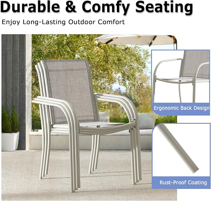 5 Piece Patio Dining Set for 4, 42” Black Round Table with Umbrella Hole and 4 Grey Patio Stackable Chairs, Patio Table and Chairs for Backyard, Lawn, Deck & Garden
