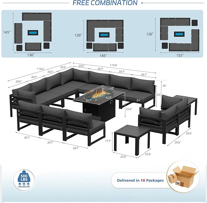 NICESOUL 15 Pcs Extra Large Aluminum Patio Furniture Set with Fire Pit Table & Coffee Table, 500 lbs Durable Outdoor Sectional Set for Heavy People, Outside Conversation Set for Backyard, Dark Gray