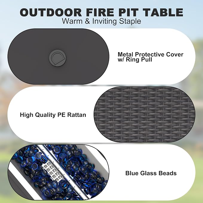 Patio Furniture Set w/ Fire Pit Table, 6PCS Outdoor Conversation Sets Waterproof Rattan Sectional Sofa with 4” Thickened Cushion Modular Wicker Patio Furniture Set with Glass Top Table (Navy Blue)