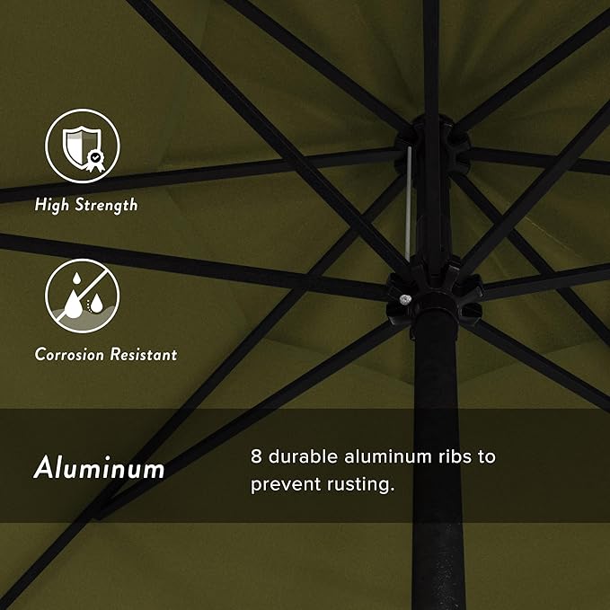 California Umbrella 12-Year Protection 9' Rd Aluminum Patio Umbrella, Crank Lift, Auto Tilt, Black Finish, Sunbrella Cilantro