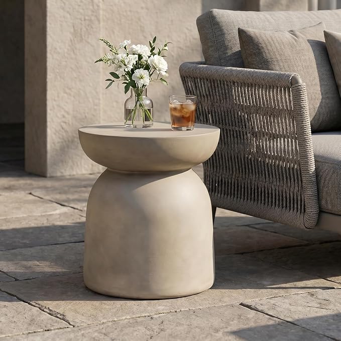 Outdoor Side Table Concrete End Table Faux Stone Side Tables Small Coffee Tables for Indoor Outdoor, Garden Stool Plant Stand for Porch, Backyard Patio, 15.75"X18" Light Grey-Round