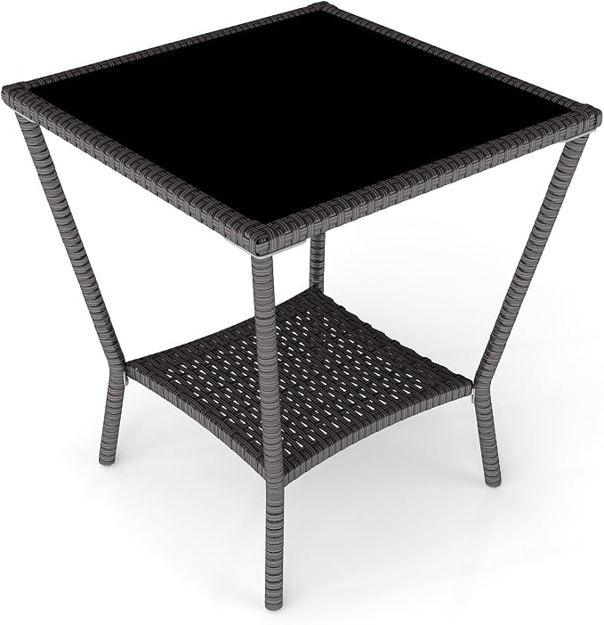 Kinfant Rattan Patio Side Table - Modern Wicker End Table, PE Rattan Coffee Table with Glass Top, Weather-Resistant Patio Furniture for Patio, Balcony, Garden, and Poolside (1, Black Brown)