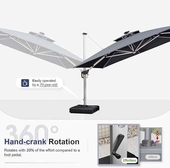 PURPLE LEAF 11 Feet Solar Powered LED Square Cantilever Umbrella With Base Patio Umbrella Windproof Outdoor Offset, Grey