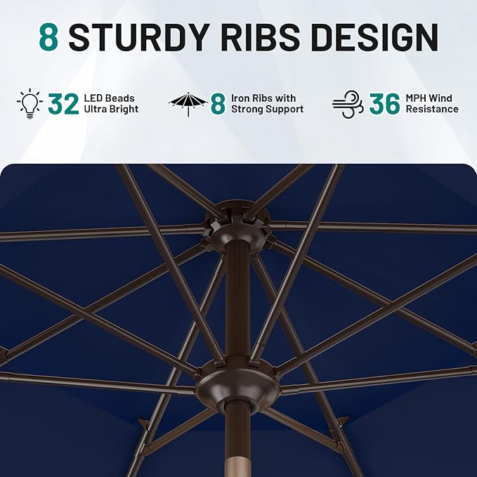 AreShark 9ft 2 Tiers Patio Umbrella with Solar Lights, Outdoor Umbrella w/ 32 LED Lights&8 Sturdy Ribs, Table Umbrella for Deck, Backyard, Pool(Navy)