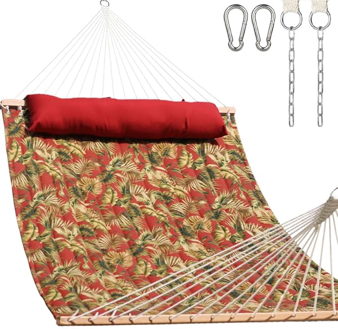 Lazy Daze Hammocks 12FT Quilted Fabric Hammock with Soft Pillow, Double 2 Person Tree Hammock with Spreader Bar for Outside Patio Poolside Backyard Beach, 450 lbs Capacity, Red Leaf
