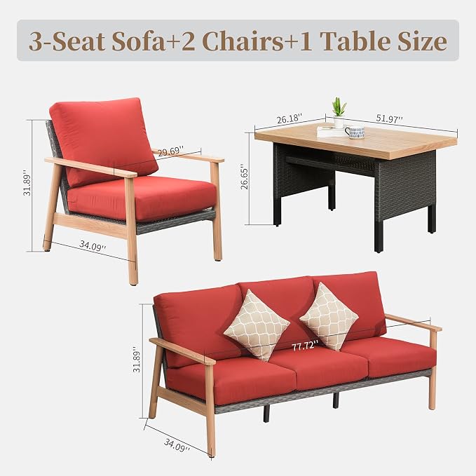 Domi Outdoor Wicker Patio Furniture Sets 4 Pieces, All-Weather Aluminum Rattan Padded Sofa Patio Conversation Sets with 2 Pillows for Porch Deck Garden(Red)