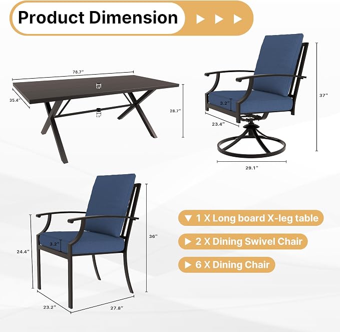 Gotland 9 Piece Outdoor Dining Set, Metal Outdoor Table and Swivel Chairs with X-Shaped Legs 1.5" Umbrella Hole, Patio Furniture Set with Waterproof Cushions, Patio Dining Sets for Backyard Deck Navy