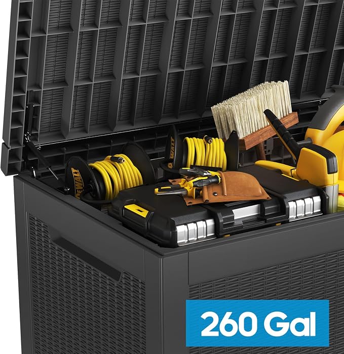 PatioZen 260 Gallon Resin Deck Box Outdoor Storage Box with Lockable Lid, Waterproof for Patio Cushions, Gardening Tools & Exercise Equipment