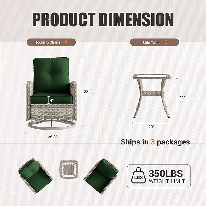 9-Piece Patio Rocking Swivel Chair Outdoor Wicker Rattan Bistro Set with Tempered Glass Side Table, Outdoor Patio Furniture Set for Garden, Deck, and Balcony, Green