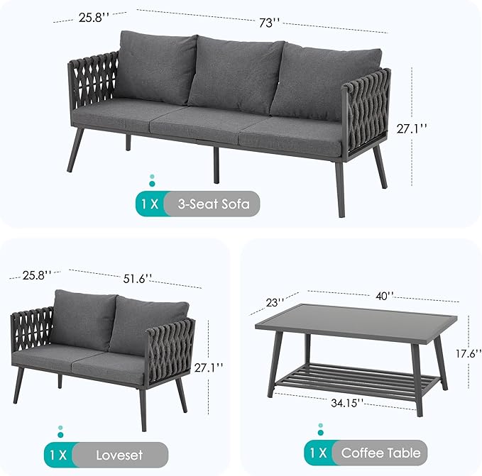 HOMREST Metal Patio Furniture Set, 3 Pieces Outdoor Aluminum Woven Rope Bistro Set with 3-Seater Sofa, Loveseat, Coffee Table, Modern Patio Conversation Set for Balcony, Garden, Yard (5 Seats, Grey)