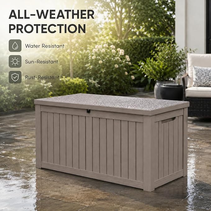 146 Gallon Deck Box, Waterproof Outdoor Storage Box, Lockable Resin Patio Storage Box for Cushions, Garden Tools & Pool Accessories, Heavy Duty Outdoor Storage Bench, Gray Brown