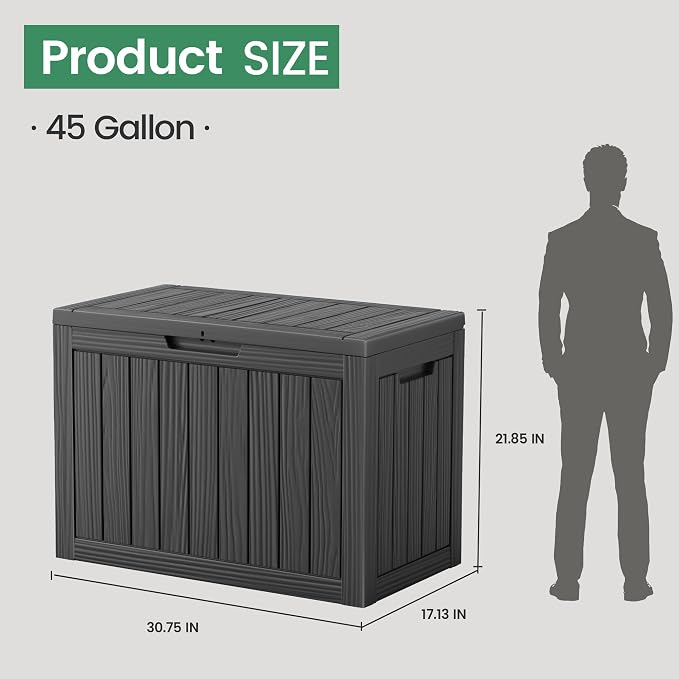 45 Gallon Outdoor Storage Box, Waterproof Resin Deck Box with Side Handles, Lockable Outdoor Bench for Indoor & Outdoor Use, Storage Bin for Patio Cushions, Garden Tools, Black