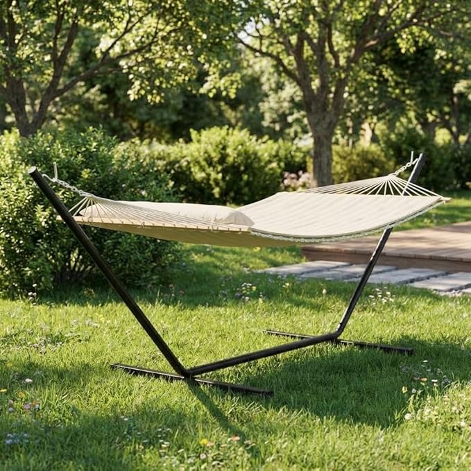 Double Hammock with Stand for 2 Person - Heavy Duty 475 lbs Capacity - Breathable Cotton Rope & Reversible Quilted Pad - Hardwood Spreader Bars - Portable for Outdoor, Garden, Patio