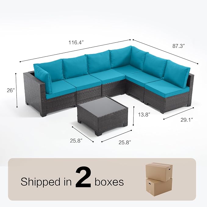 7-Piece Outdoor Patio Furniture Set, Brown PE Rattan Sectional Sofa with Turquoise Cushions and Steel Frame, Coffee Table Included, Modular Outdoor Conversation Set for Patio Garden Poolside
