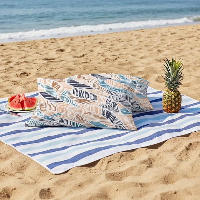 Vandarllin Outdoor Throw Pillows Covers 20x12 inch Set of 2 Waterproof Summer Beach Decorative Zippered Cushion Covers for Patio Furniture, Yellow Blue Ombre Abstract Leaf Lines Lumbar Pillowcases