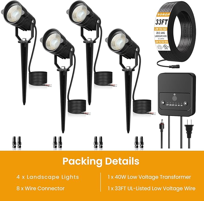Landscape Lighting Kit, Low Voltage Landscape Lights with Dusk to Dawn Transformer 33FT Wire, Waterproof Outdoor Landscape Lights 3000K 12-24V, Outdoor Spotlight for Yard House 4Pack