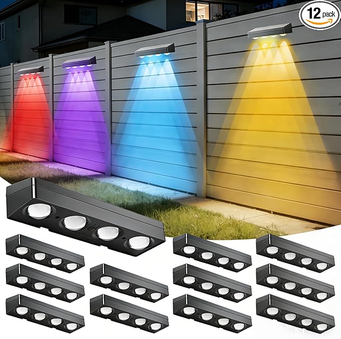 Solar Fence Lights Outdoor Waterproof 12 Pack IP65 Waterproof Fence Solar Lights 3000/5000K/RGB 12 Mode, Solar Powered Wall Lighting Decor for Backyard, Railing, Step, Patio Housewarming Gifts