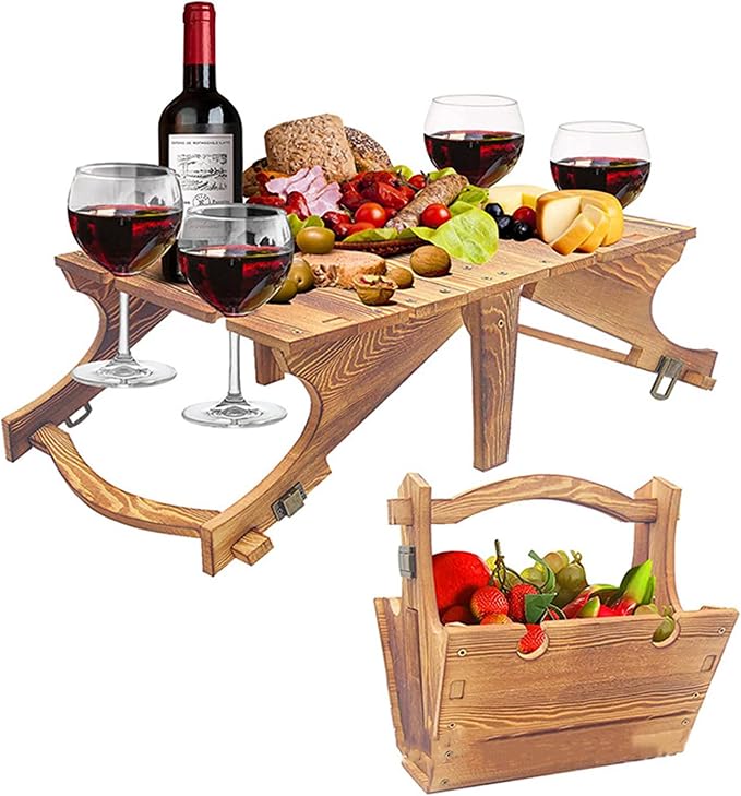 Picnic Table Wooden Folding Table 2-in-1 Basket Table with Wine Glass Holder Outdoor Storage Table Portable for Camping Beach Wine Lover Gift 11.8 * 9.1 * 5.9inch.
