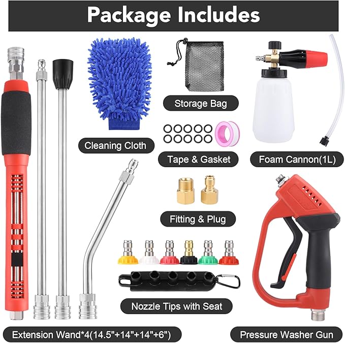 18Pcs Pressure Washer Accessories, Car Wash Foam Cannon, 5000PSI Pressure Washer Gun, M22 14mm or 15mm Fitting, 1/4" Quick Connector, 6Pcs Nozzle Tips for Outdoor Gutters Roof Siding