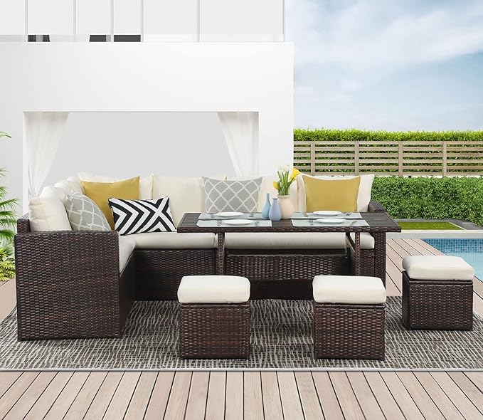 Wisteria Lane Patio Furniture Set, 7 Piece Outdoor Dining Sectional Sofa with Dining Table and Chair, All Weather Wicker Conversation Set with Ottoman, Brown