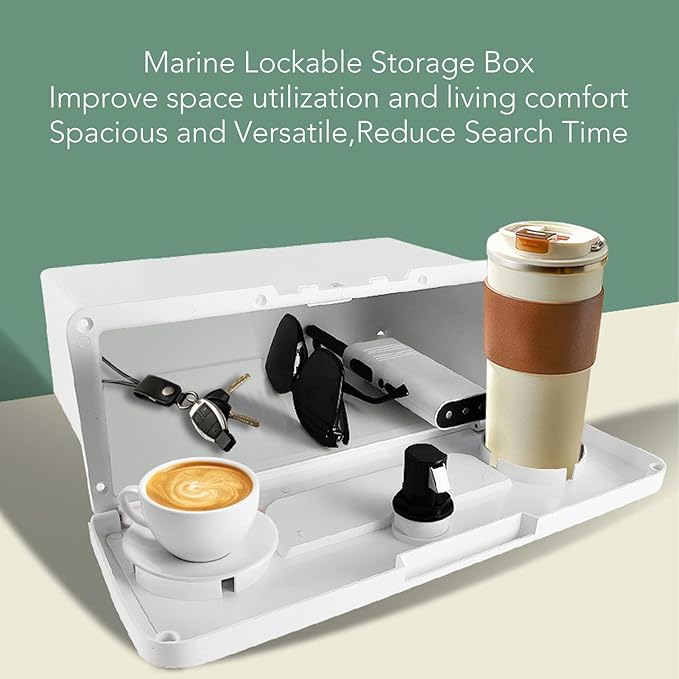 Diydeg Deck Storage Box, Marine Grade ABS Plastic Boat Pontoon Yacht Storage Compartment Built in Non Slip Cup Holders, Marine Glove Box for Tools, Documents, Electronics