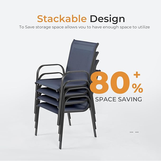 HAPPATIO Outdoor Patio Dining Set, 6 Quick Dry Textilene Dining Chairs and Dining Table with Umbrella Hole, Stackable Textilene Chairs for Garden, Patio and Poolside Backyard,Navy