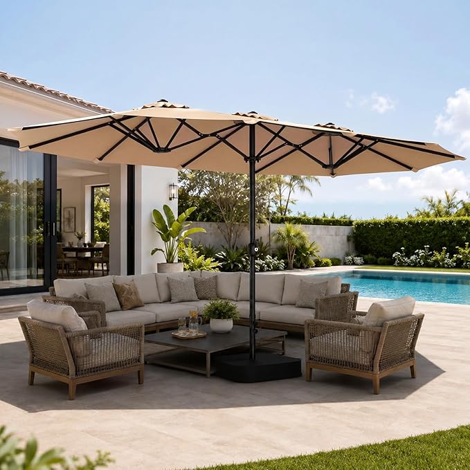 ONBRILL 15ft Patio Umbrella with Base Included, Extra Large Shade Area, Double Sided Rectangle with Crank Handle for Poolside, Garden, Yard, Beige