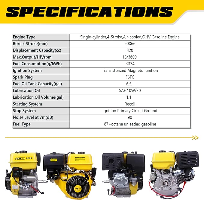 Aceup Energy 15HP 420cc Gas Engine Horizontal Shaft, 4 Stroke OHV Gas Motor with EZ Electric Start, Shaft 1" (25.4mm) Diameter