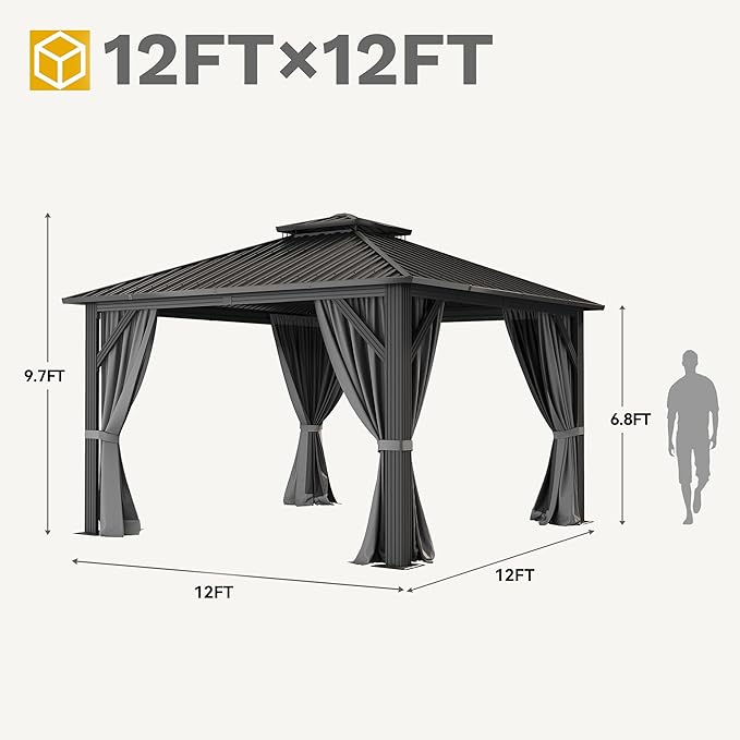 DWVO 12x12ft Gazebo Double Roof Hardtop with Nettings and Curtains, Heavy Duty Galvanized Steel Outdoor Vertical Stripes Roof for Patio, Backyard, Deck, Lawns, Grey