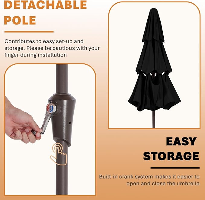 JEAREY 9FT 3 Tier Patio Umbrella Outdoor Market Umbrella Table Umbrellas with 8 Ribs 1.5 Pole Push Button Tilt and Crank UV Protection for Garden,Black